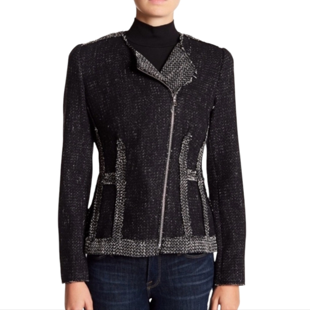 Rebecca Taylor Black Chevron Tweed Moto Blazer Size 6